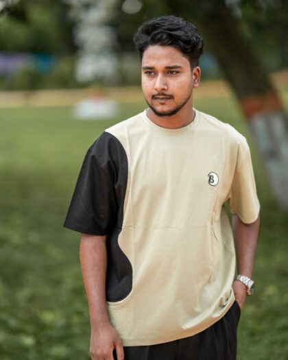Contrast Pattern Drop-Shoulder | Black & Beige
